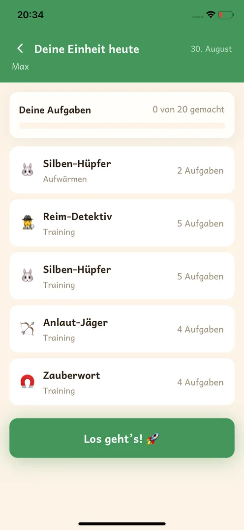 Legaro App: Tagesübersicht mit den Lernübungen des Kindes
